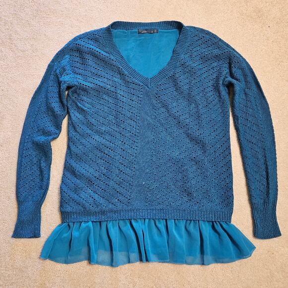 PRANA Ellery Women’s Size S Mosaic Blue V Neck Crocheted Long Sleeve Layered - Picture 4 of 14